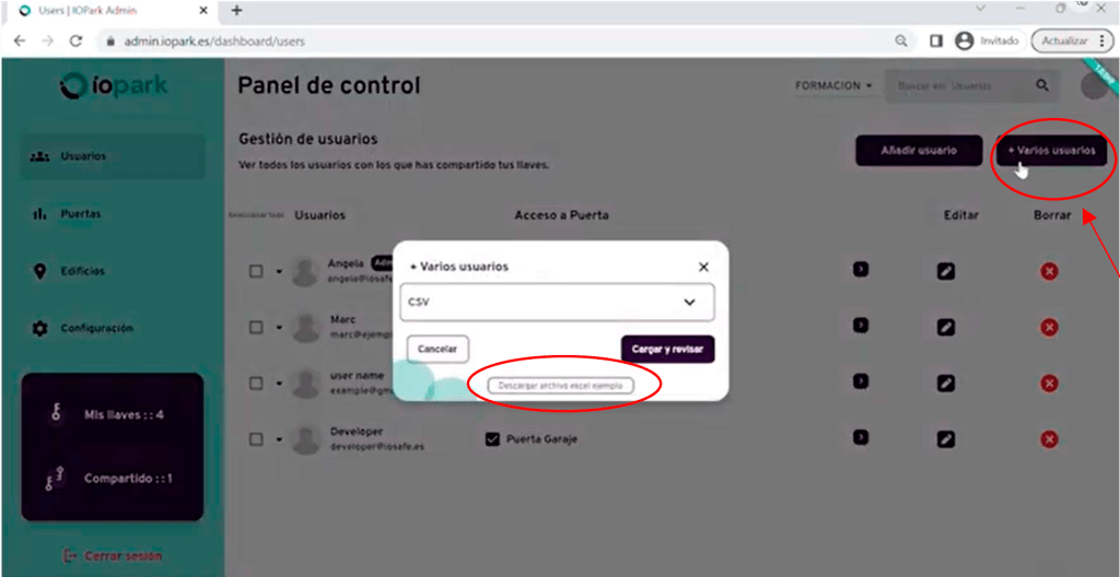 Alta masiva de usuarios en el panel de administración IOPark