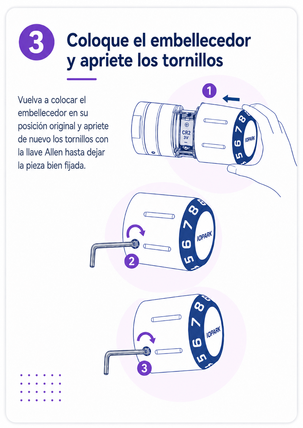 Paso 3 para cambiar la batería del cilindro C760: colocar embellecedor y apretar tornillos