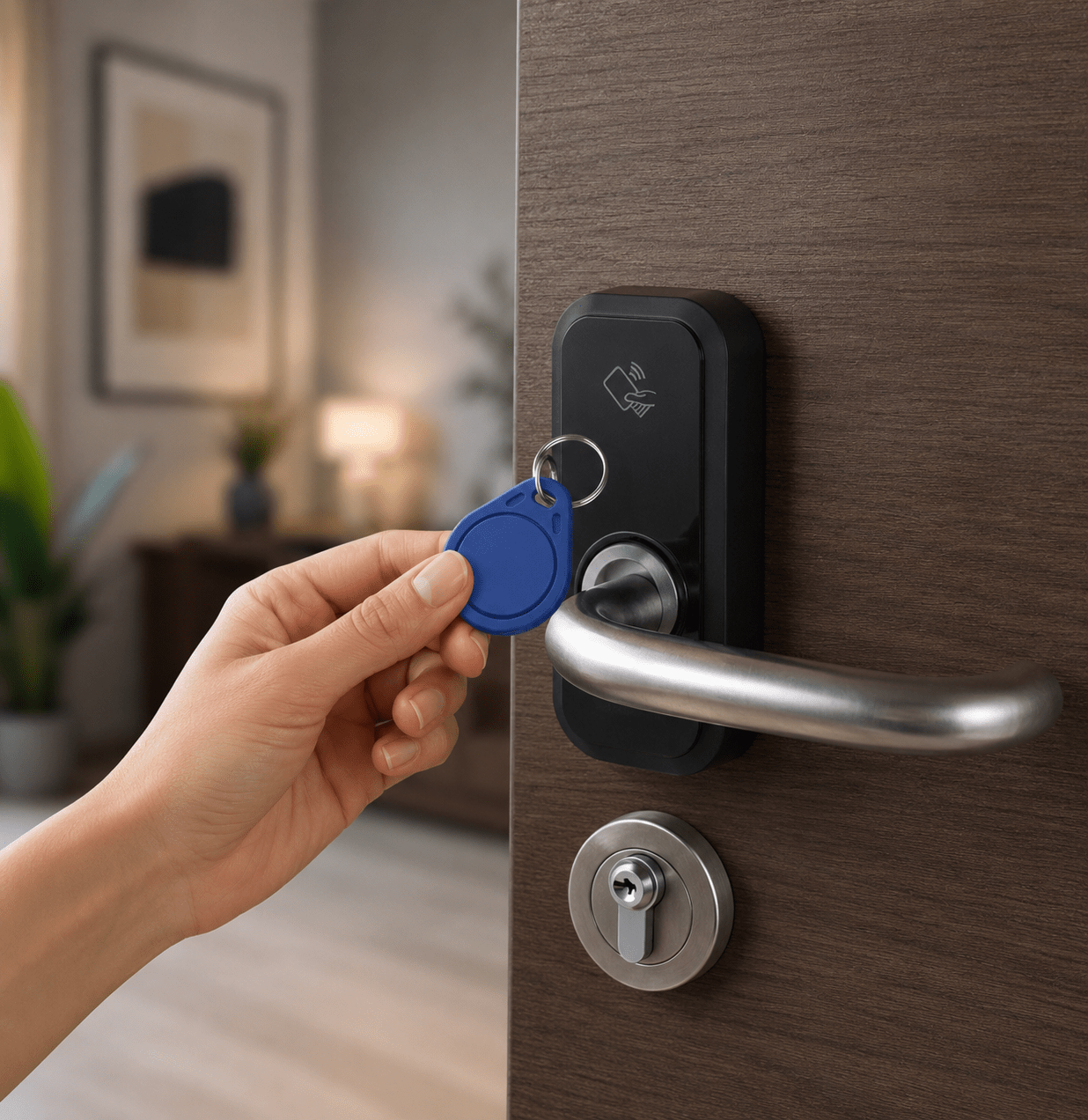 Apertura de la cerradura inteligente compacta IOPark L730-EU con llavero o tarjeta RFID MIFARE