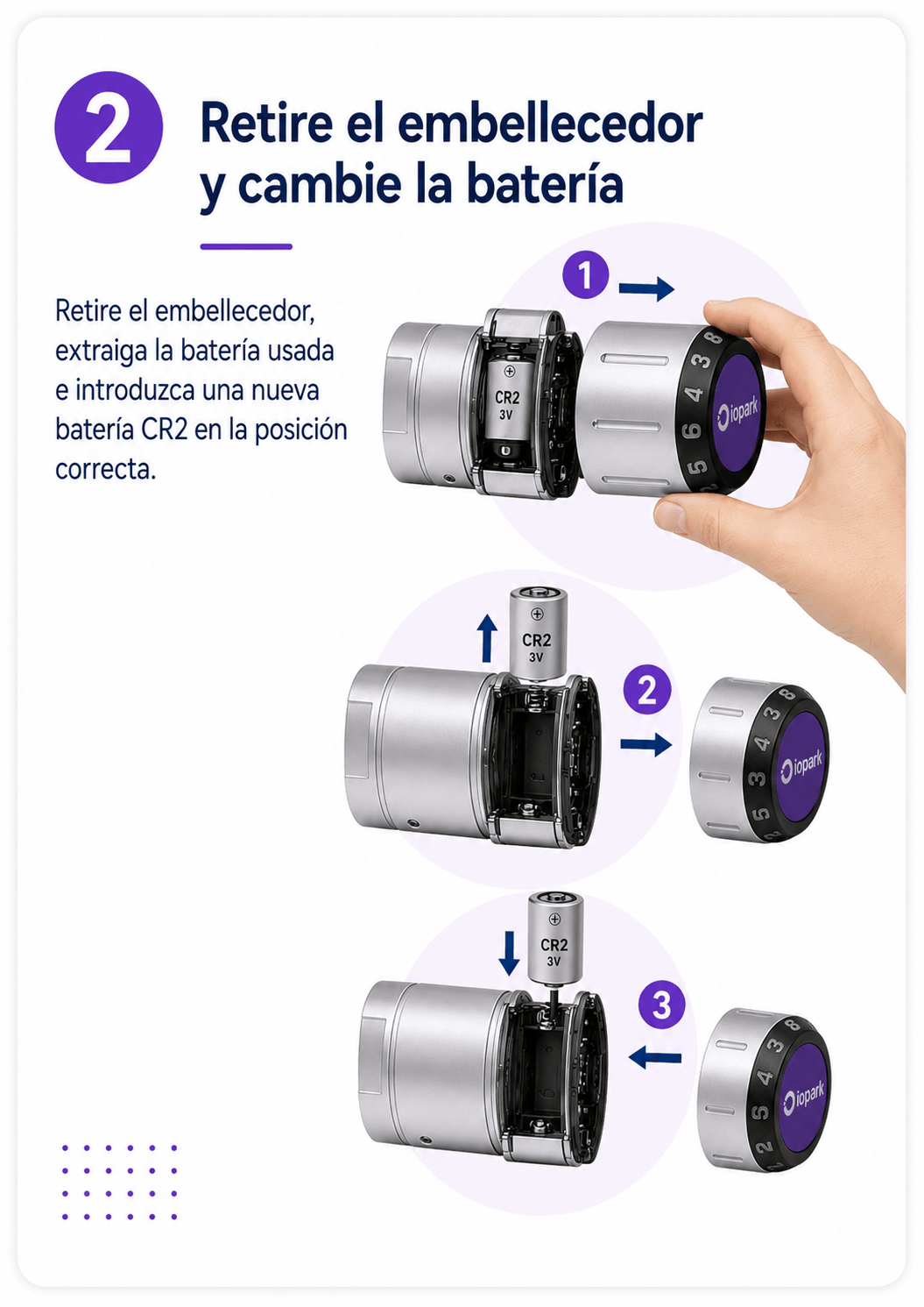 Paso 2 para cambiar la batería del candado inteligente IOPark C210: retirar embellecedor y sustituir batería CR2