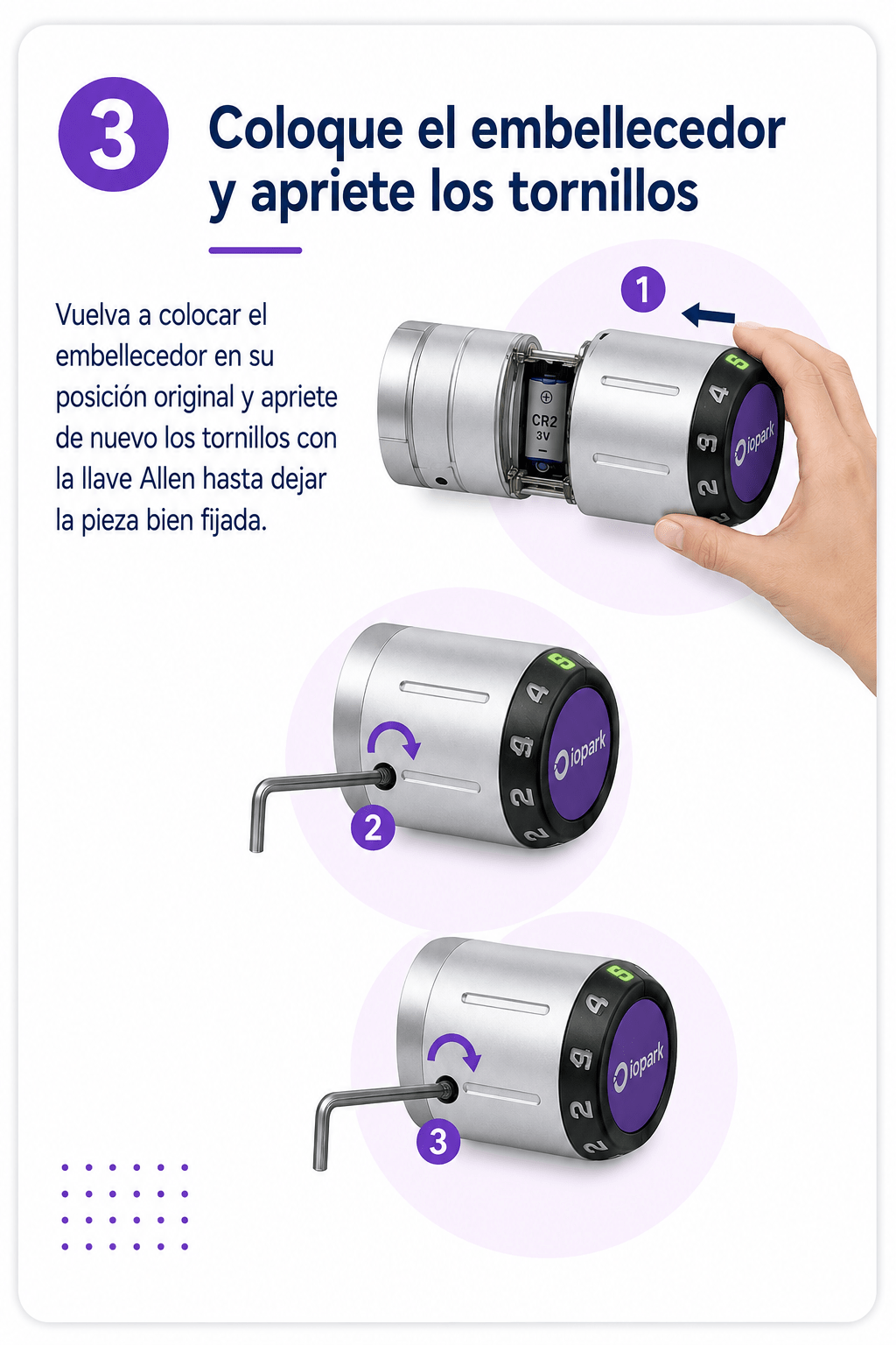 Paso 3 para cambiar la batería del candado inteligente IOPark C210: colocar embellecedor y apretar tornillos