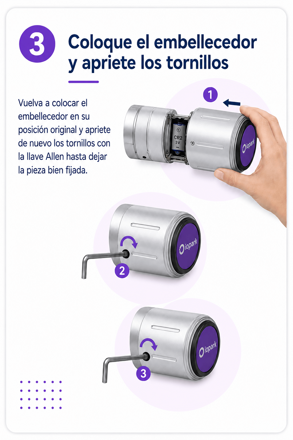 Paso 3 para cambiar la batería del cilindro C761: colocar embellecedor y apretar tornillos