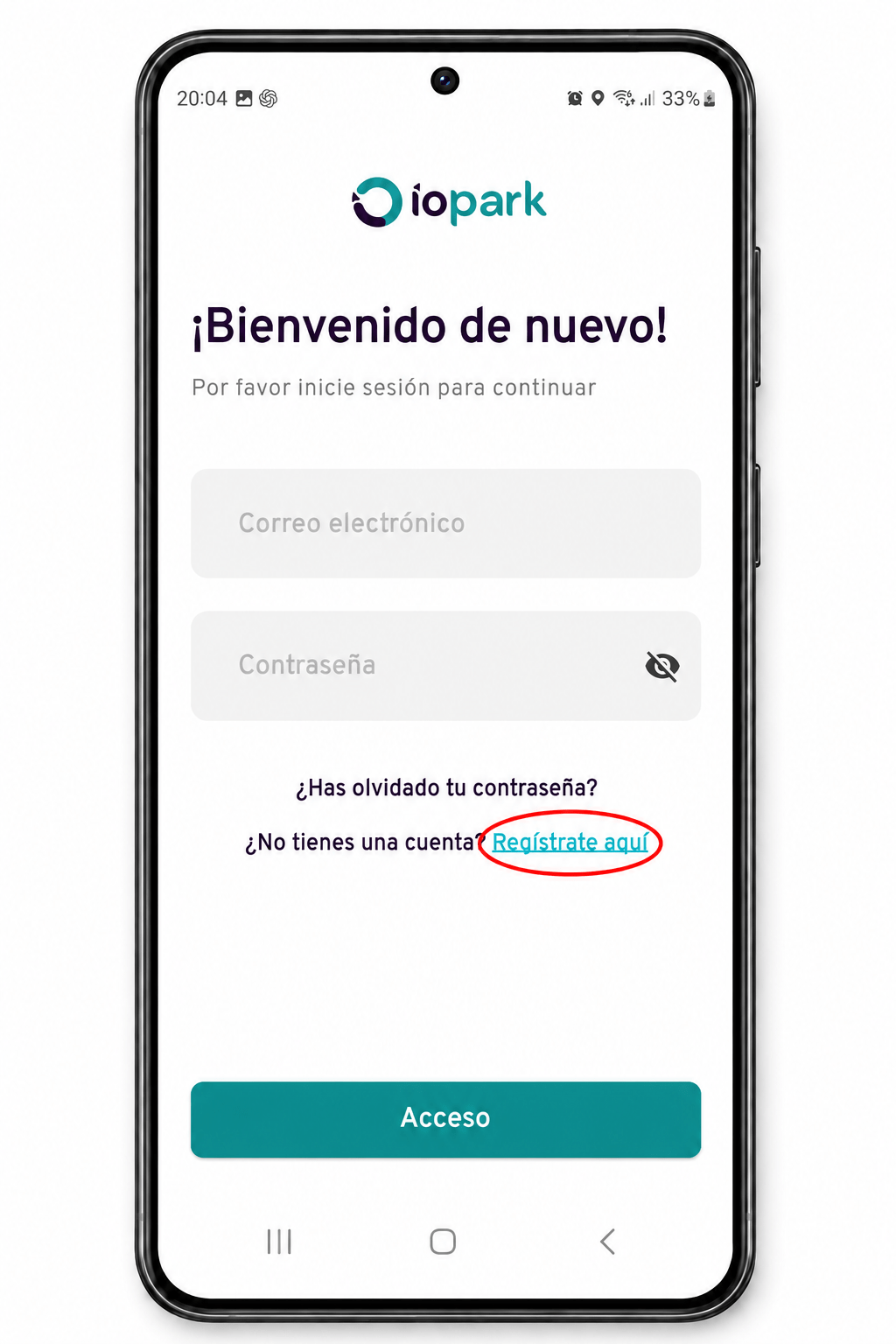 Pantalla de inicio de sesión y registro en la app IOPark