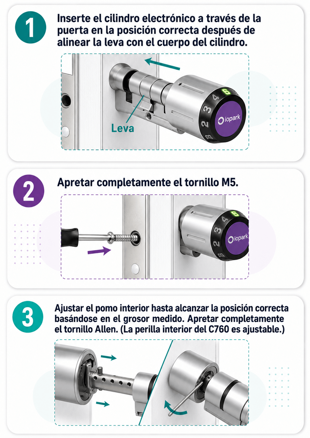 Instalación de batería CR2 en cilindro inteligente IOPark C760