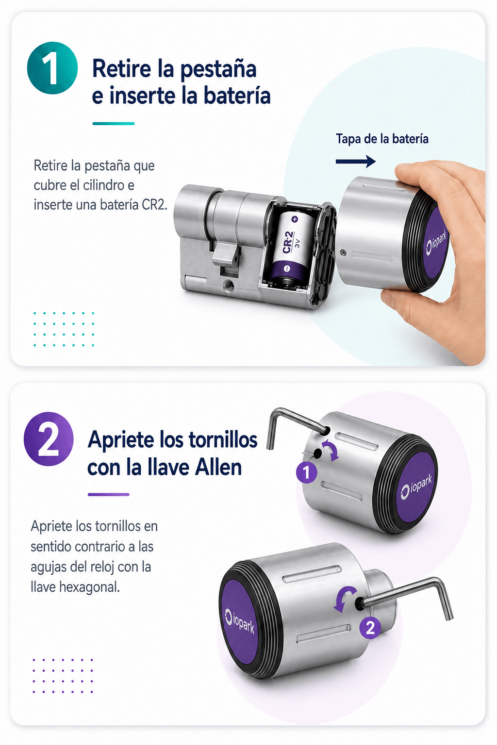 Instalación de batería CR2 en cilindro inteligente IOPark C761