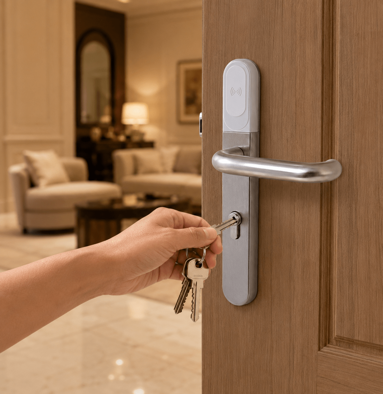 Apertura de la cerradura inteligente IOPark L700 con llave tradicional
