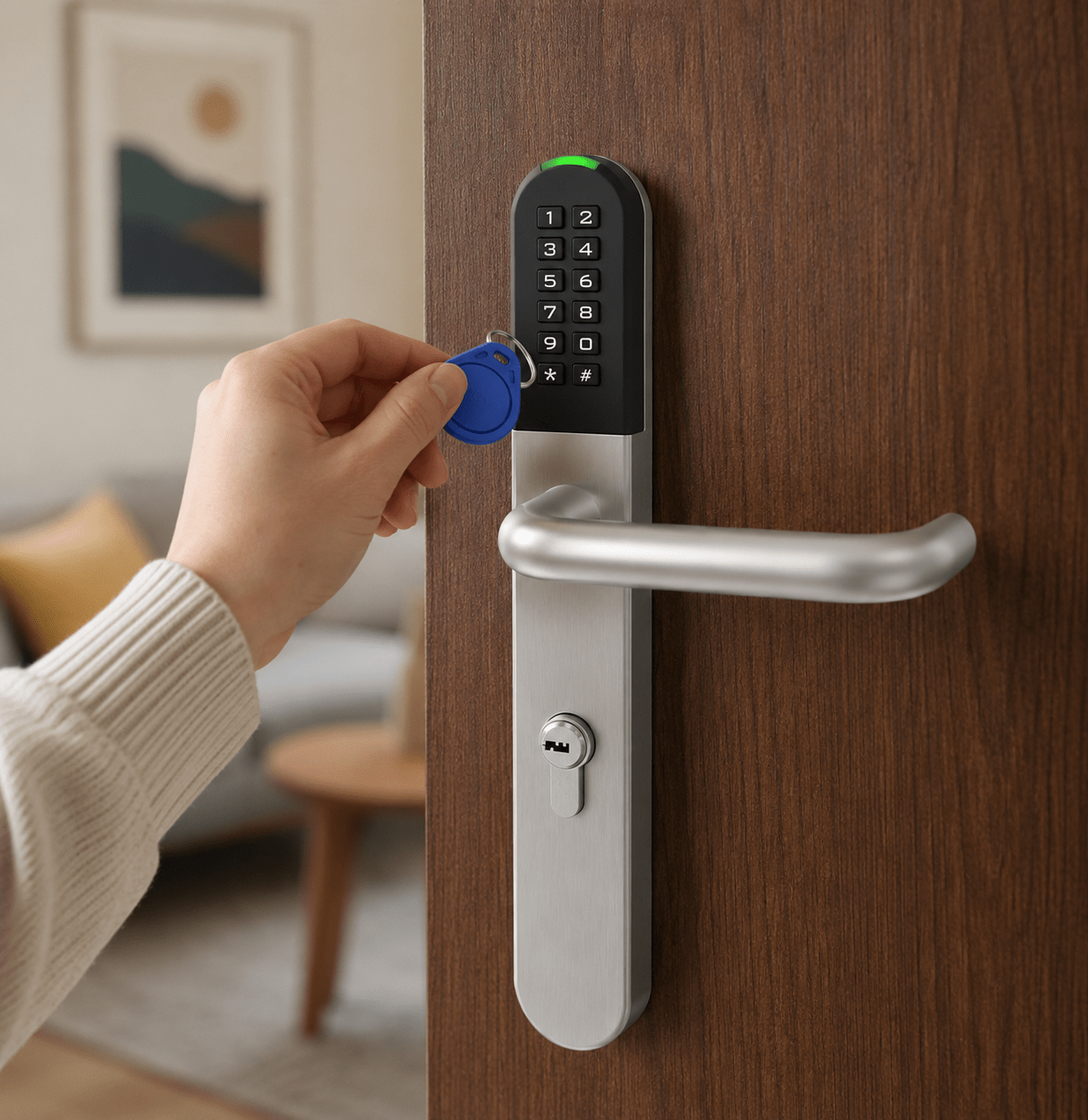 Apertura de la cerradura inteligente IOPark L701 con llavero o tarjeta MIFARE
