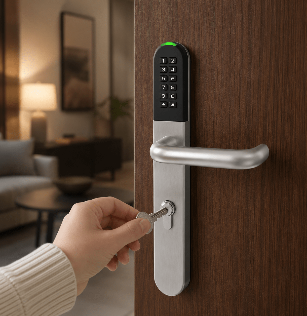 Apertura de la cerradura inteligente IOPark L701 con llave tradicional